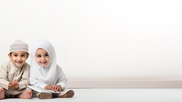 Two muslim children in a studio a blank card for ramadan generative ai