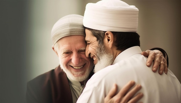 Two muslim man hugging and smiling Eid mubarak concept Islam friends business parnerts embracing