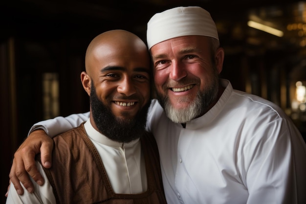 Foto due uomini musulmani condividono un abbraccio sincero in immagini islamiche bianche