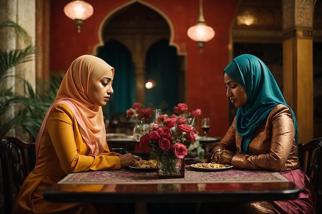 Two muslim women sitting at table