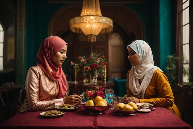 Two muslim women sitting at table