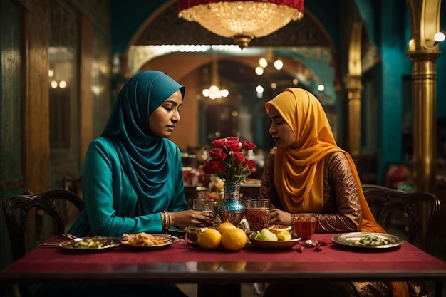 Two muslim women sitting at table