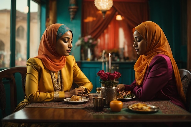 Two muslim women sitting at table