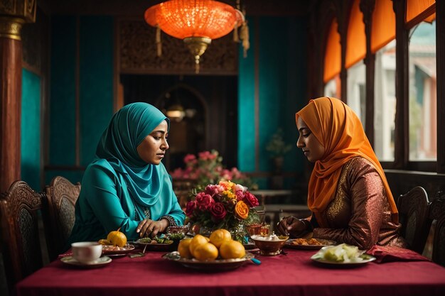 Two muslim women sitting at table