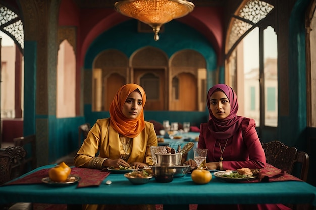 Две мусульманские женщины сидят за столом.