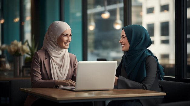 Foto due donne musulmane che usano il computer in ufficio