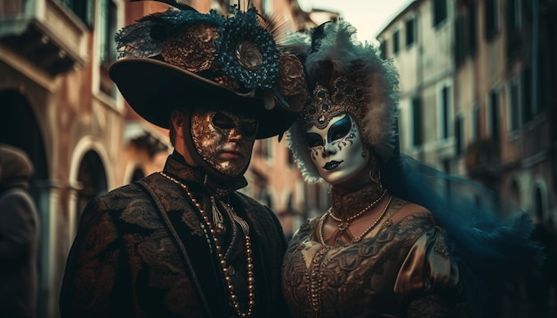 Two mystery people in elegant Venetian costumes generated by AI