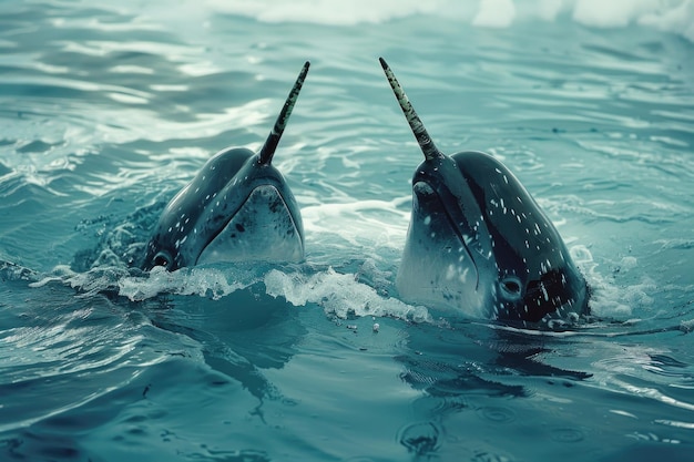 Foto due narvali che nuotano in acqua ideali per disegni a tema marino