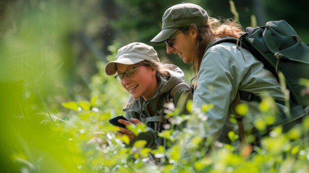 写真 緑豊かな森の植物を研究するためにスマートフォンを使っている2人の自然探検家が微笑んでいる