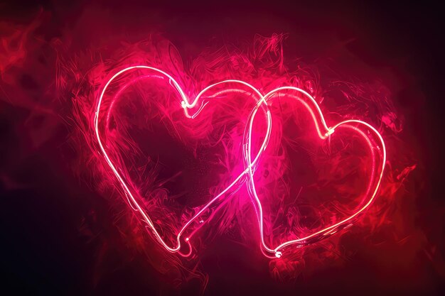 Two neon heart shapes illuminated in bright pink These neon hearts are mounted on the wall with a rough texture