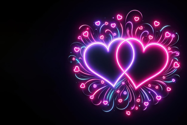 Photo two neon love hearts space for text