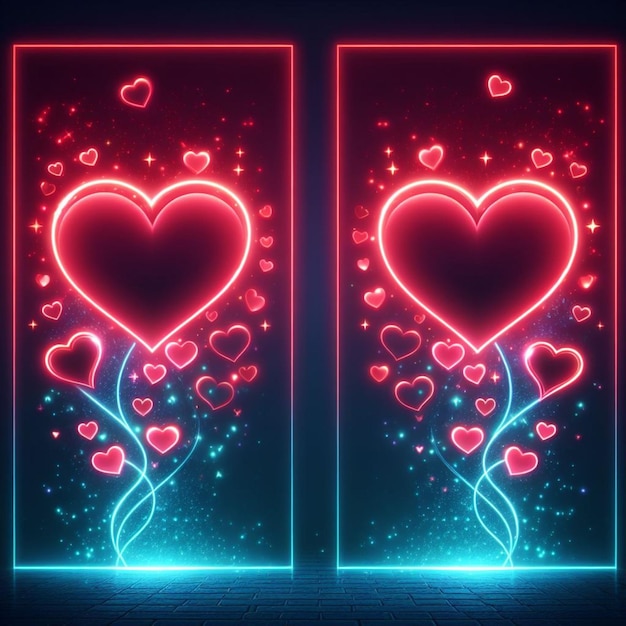 two neon red hearts background with text space