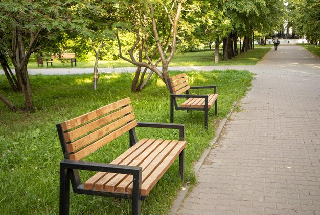 夏の都市公園の小道に沿って2つの新しい木製のベンチが立っています