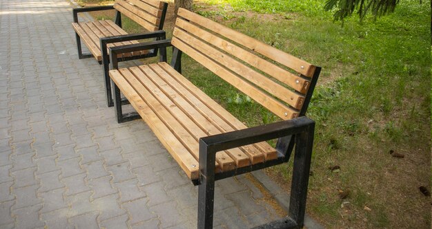 Photo two new wooden benches stand along the alley in the summer city park