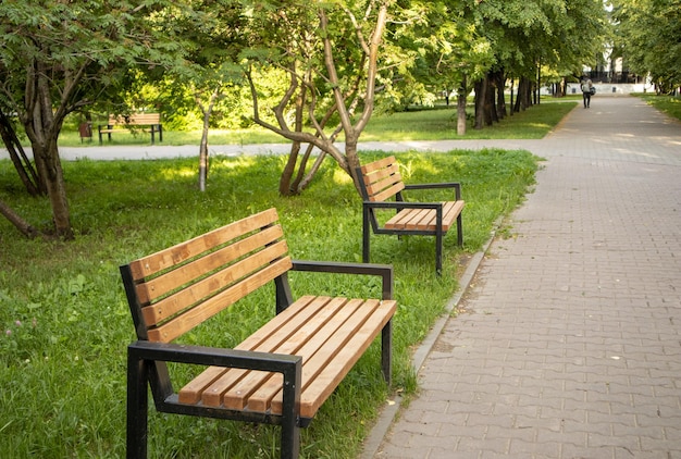 写真 夏の都市公園の小道に沿って2つの新しい木製のベンチが立っています