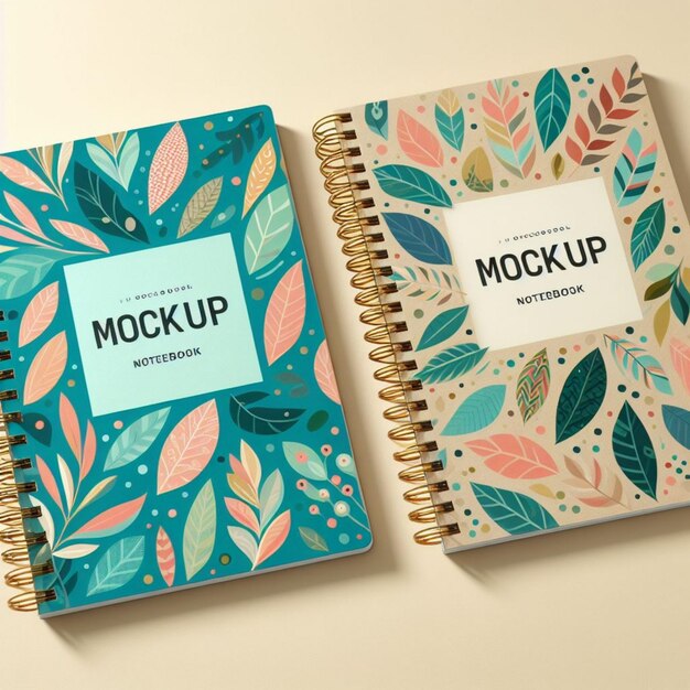 Photo two notebooks with a blue and green pattern and a green and blue one that says  scrawled