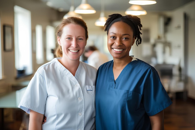 Foto due infermiere che sorridono in una foto d'ufficio