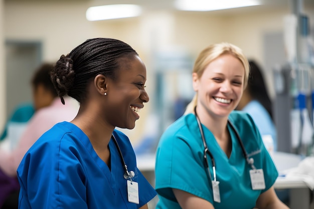 사진 두 간호사가 병원에서 웃고 이야기하고 있다