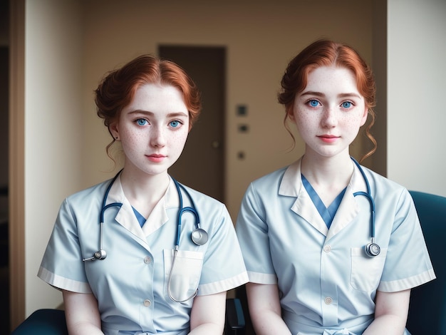 Two nurses sit in front of a wall