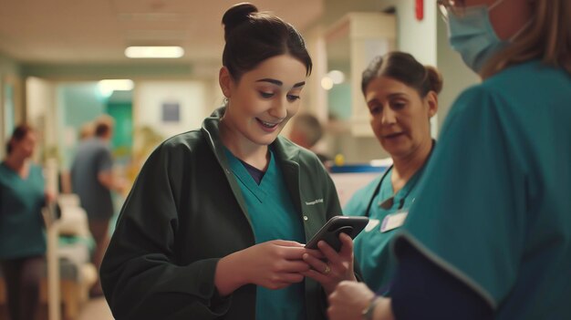 Two nurses standing in a hospital hallway looking at a cell phone Energetic nurse