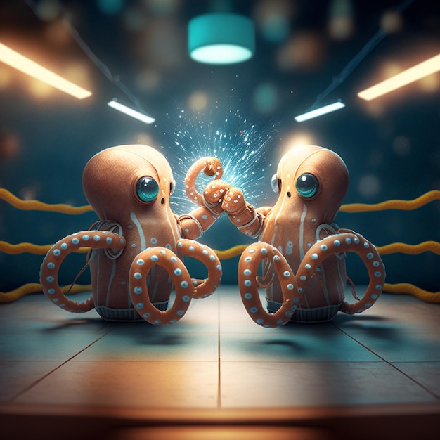 Two octopus hands are shaking each other in a boxing ring.