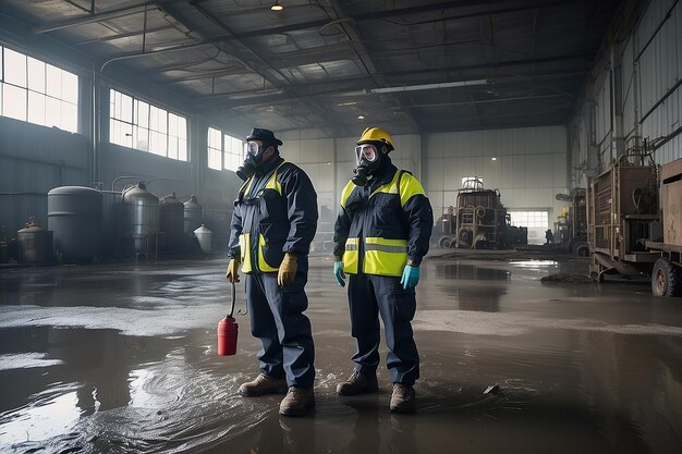 Two officers wearing gas masks inspected the area of a chemical leak