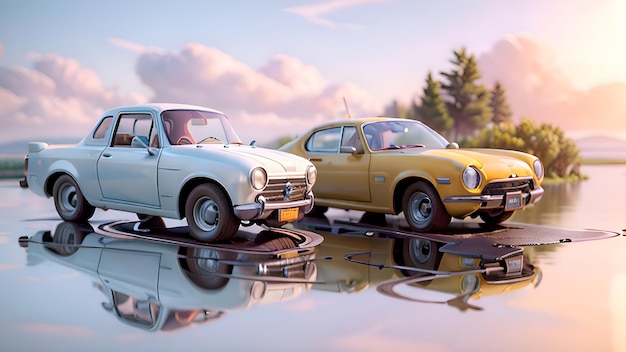 Two old cars are parked in a puddle