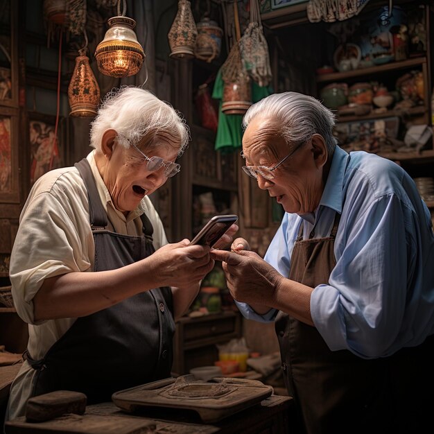 Photo two old men are looking at a cell phone