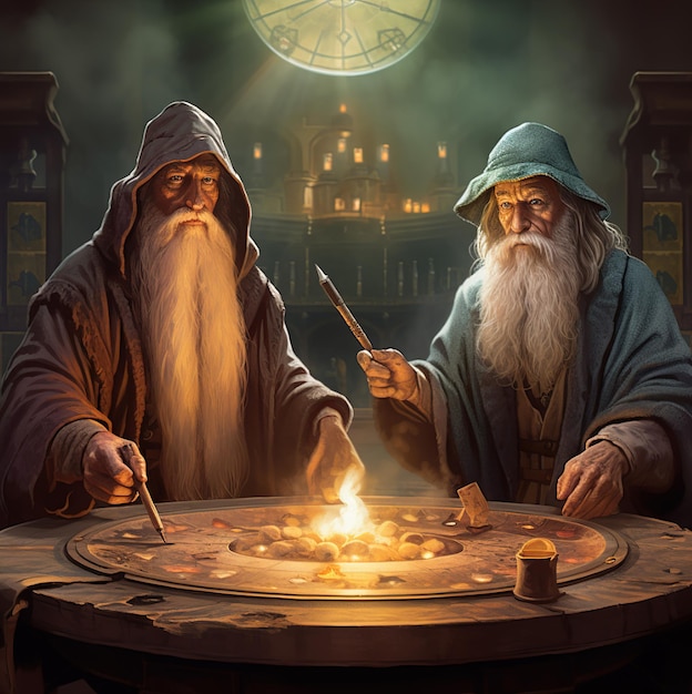 two old men playing a game with a fire in the background.