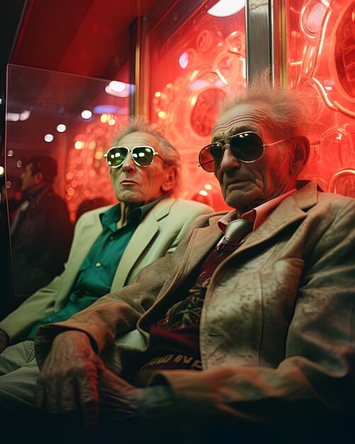 two old men sit in a train with the words " the word " on the front.