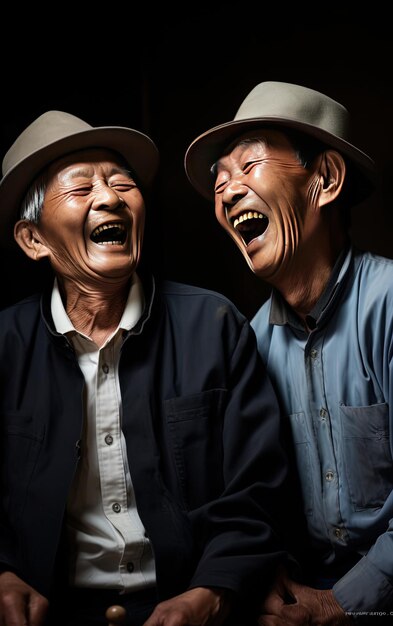 two old men smile and laugh with one another