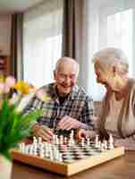 Photo two old people playing chess with one wearing a plaid shirt