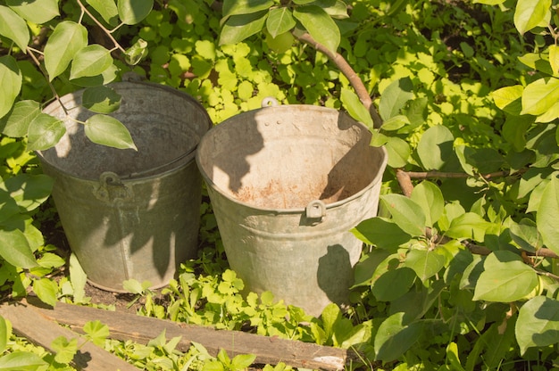 Foto due vecchi secchi di ferro arrugginiti nell'erba del giardino