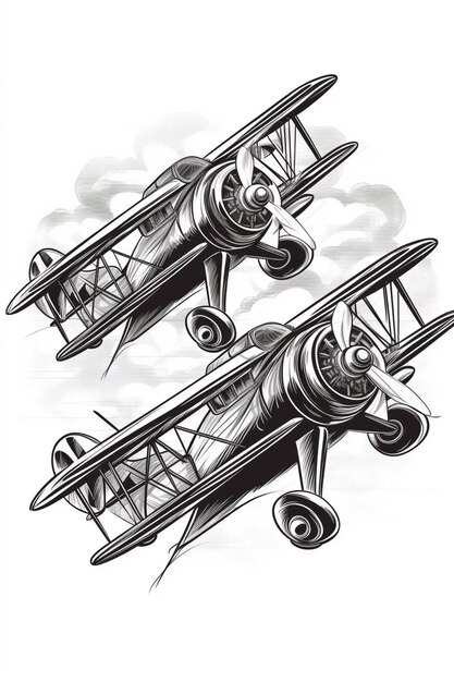 Photo two old style airplanes flying in the sky with clouds generative ai