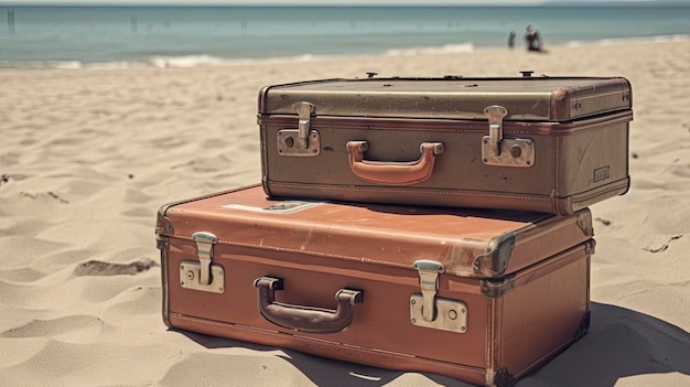 Two old suitcases on a beach, one of which is green and the other is brown.