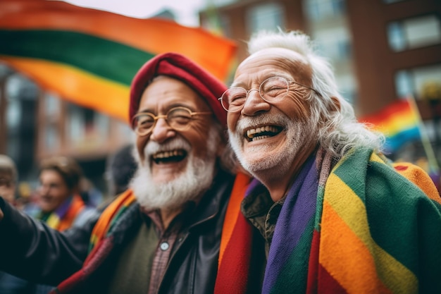 Two older men are laughing in a crowd.