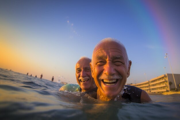 Two older men swimming in the ocean, one of them has a blue ball in his mouth.