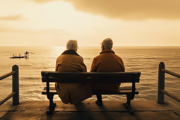 Двое пожилых людей сидят на скамейке и смотрят на море