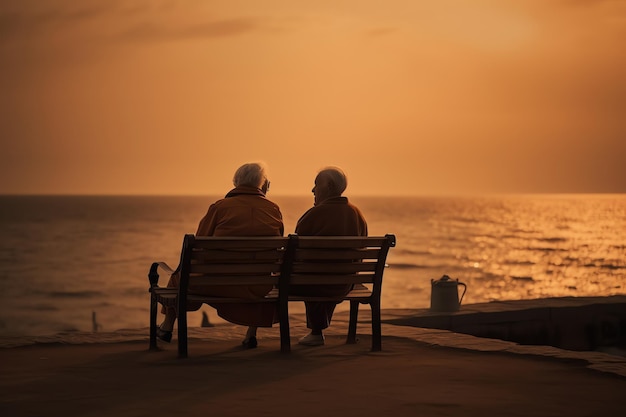 Two older people sitting on a bench looking at the sea