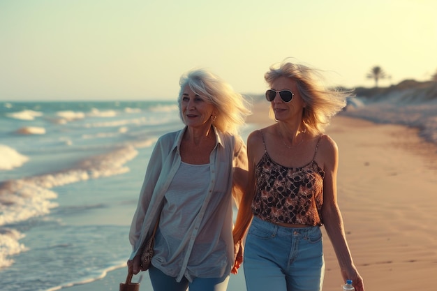 해가 지면 해변을 고 있는 두 명의 노인 여성