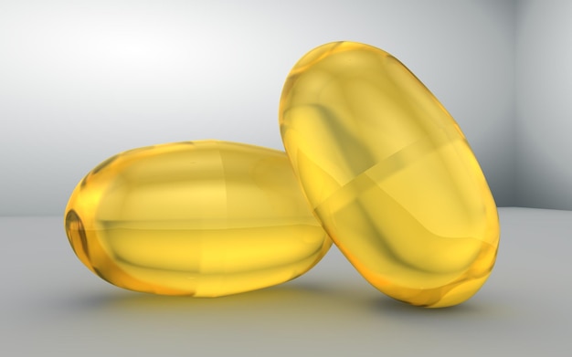 Two omega capsules top view Omega 3 acid yellow gelatin capsule 3d rendering