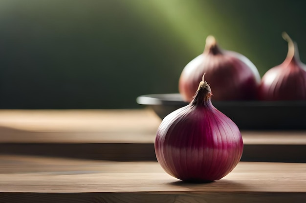 Two onions on a wooden table with a dark background