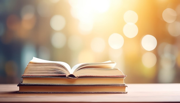 Two open books sit on a table next to a stack of books