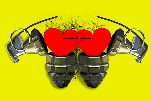 Two open combat grenades with red hearts in the scope. The concept of strong feelings and love. Bright yellow background. Valentine's Day.