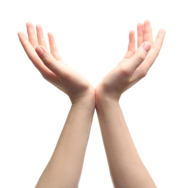 Two open female hands on white background