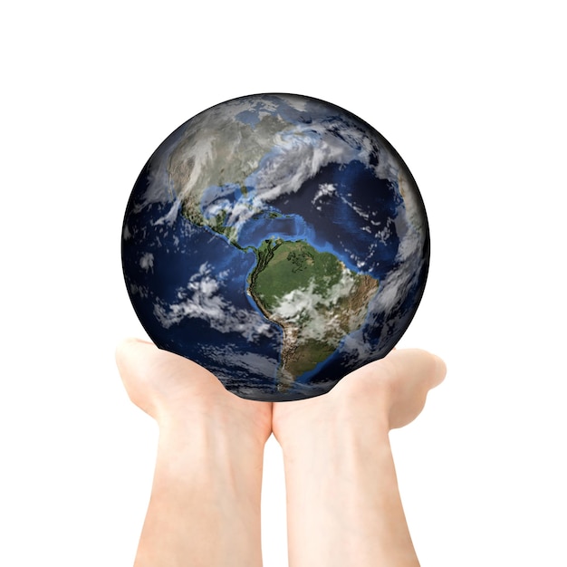 Two open hands holding and giving planet Earth planet concept isolated on white background