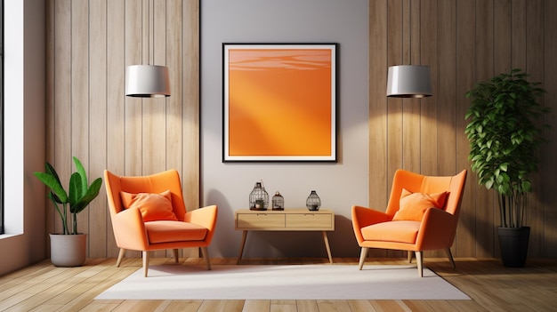 Two orange armchairs and a poster for the modern living room interior design Generative AI