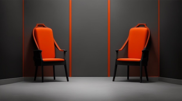Two orange chairs in an empty room in the style of dark gray and light crimson by Generative AI