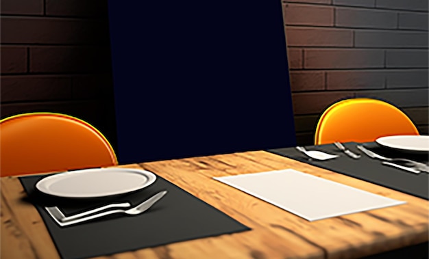 два оранжевых стула и стол с тарелкой и вилкой