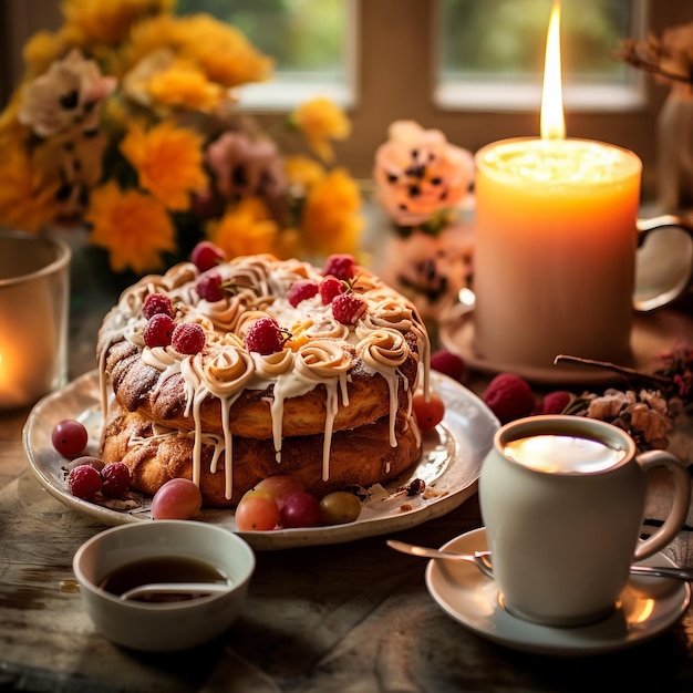 Two orange cups of tea and autumn decor with pumpkins flowers and burning candles on table